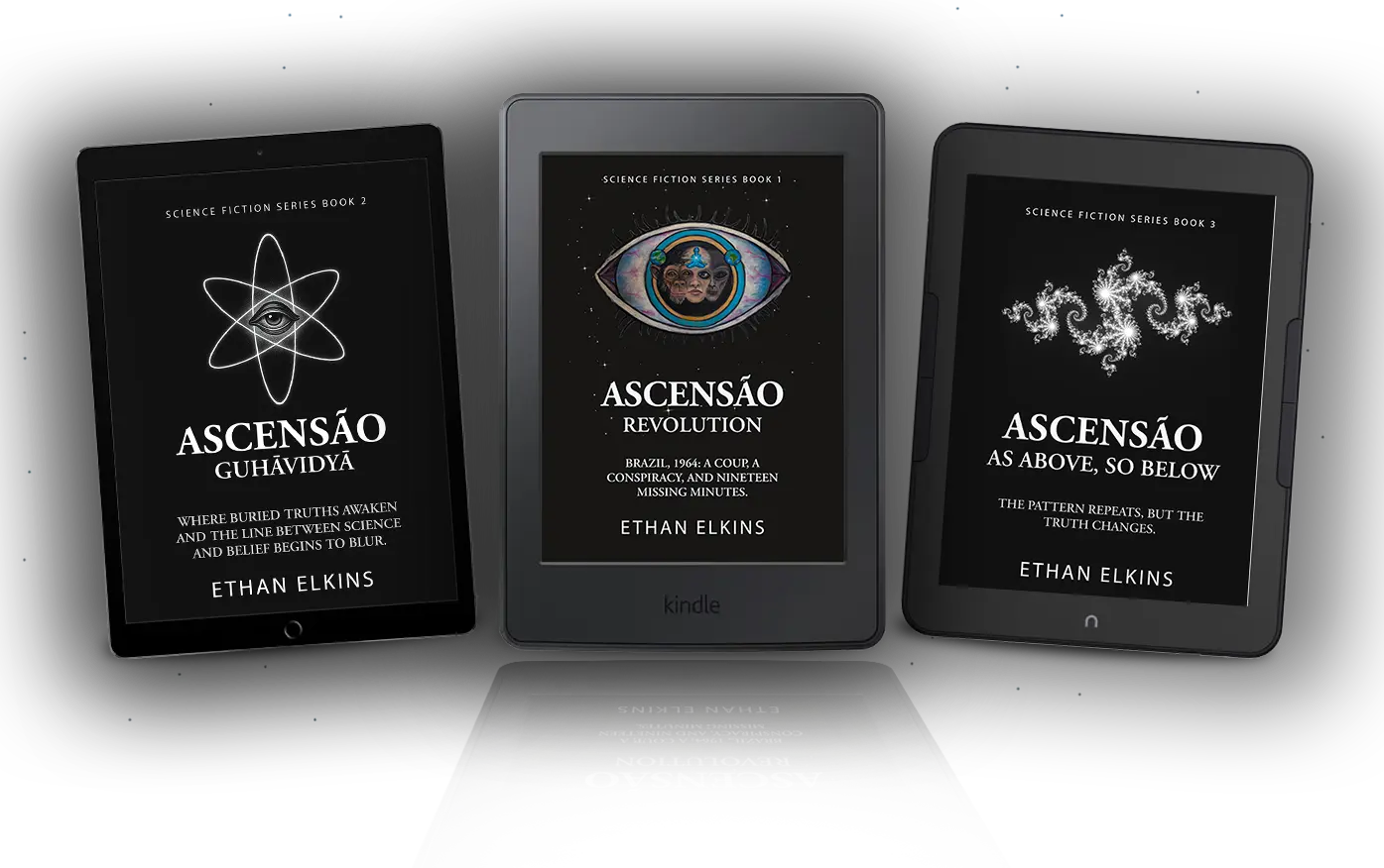 The first three Ascensão books displayed on e-readers: Guhāvidyā, Revolution, and As Above, So Below.